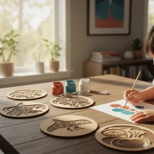 An Indigenous art discovery kit for kids including stencils of West Coast formline art and traditional natural pigment colors for creative learning.
