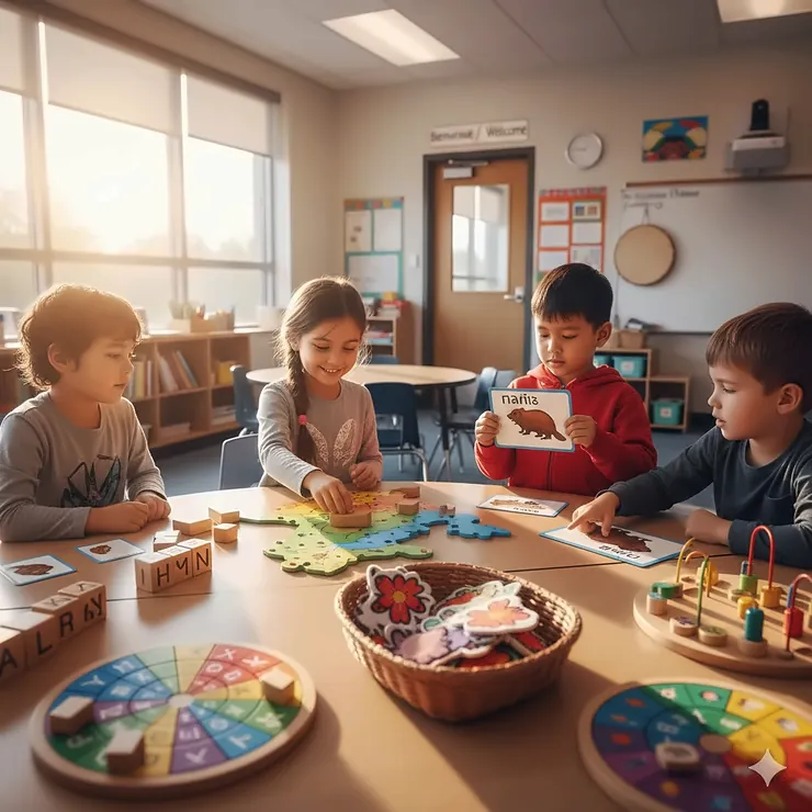 A diverse group of Canadian children playing with Indigenous learning toys featuring authentic Coast Salish art designs in a bright classroom.