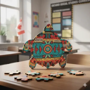 Artistic illustration of a Turtle Island puzzle, reflecting Indigenous perspectives integrated into the Ontario social studies curriculum.