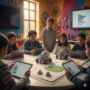 An illustration of Indigenous youth in a community center participating in a robotics competition using modern coding robots for kids.