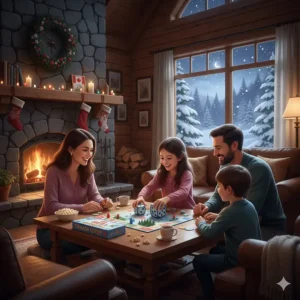 Families enjoying screen-free educational board games during a Canadian winter afternoon.