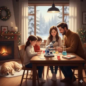 A cozy indoor scene of a family in Vancouver exploring prepared slides with a kids microscope during a winter afternoon.