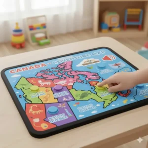 An interactive map of Canada toy with buttons that announce province names in both English and French.