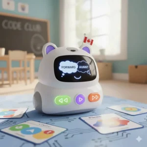 A cute interactive coding robot pet with bilingual English and French instructions, ideal for Canadian kindergarteners learning to code.