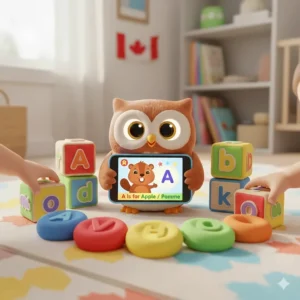 Colorful interactive phonics learning toys designed for Canadian toddlers to improve speech development.