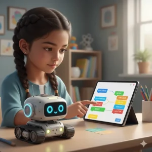 An educational diagram showing a young girl using colorful drag-and-drop coding blocks to command a small robot, perfect for introducing coding robots for kids.