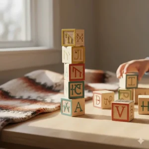 Wooden alphabet blocks for kids featuring Inuit Syllabics and English letters, a key Indigenous learning toy for language revitalization.