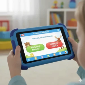 A children's learning tablet displaying a bilingual English-French interface designed for Canadian elementary students.