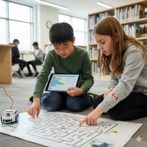 Two Canadian students brainstorming and troubleshooting a maze path for their coding robots for kids in a modern school library.