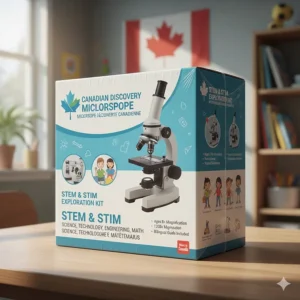 Illustration of a microscope box featuring English and French text, highlighting STEM and STIM learning for Canadian students.