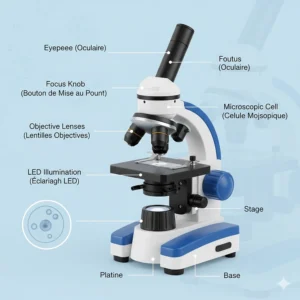 A detailed diagram of a kids microscope available in Canada, showing the eyepiece, objective lenses, and LED illumination.