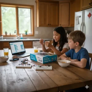 Two children sharing an Arduino starter kit for kids at home, promoting collaborative STEM learning for Canadian families.