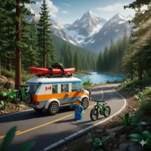 A LEGO camper van and mountain bike set, reflecting Canadian outdoor adventure themes in LEGO sets for boys.