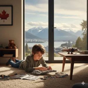 An illustration of a boy in Vancouver playing with LEGO Star Wars sets for boys near a window.