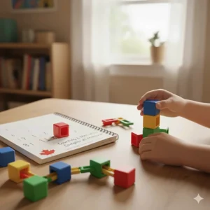 Snap-together linking cubes in primary colours used for counting and measuring in a Canadian primary grade homeschool setting.
