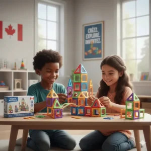 Vibrant 3D geometric structures built with magnetic tiles, a staple STEM toy for grade 3 students across Canada.