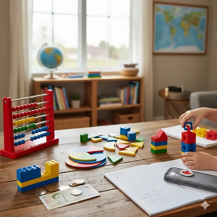 A Canadian homeschool setting featuring a variety of math manipulatives like base ten blocks and pattern blocks on a wooden table.