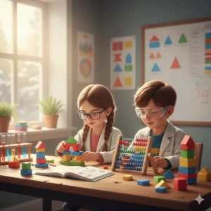 Colourful geometric blocks and abacus used as essential homeschool STEM materials for primary grade levels.