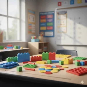 Brightly coloured base ten blocks and math manipulatives used for Ontario curriculum numeracy standards in primary grades.