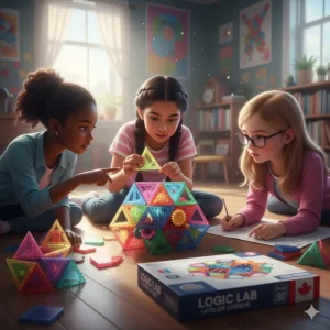 A diverse group of girls solving a complex geometric 3D puzzle, highlighting logic-based STEM toys for girls.