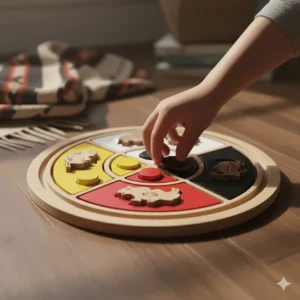 A child-friendly wooden Medicine Wheel sorting toy representing the four directions, used for holistic Indigenous learning and wellness.