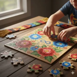 A colorful wooden puzzle for children showcasing traditional Métis floral beadwork patterns and cultural symbols of the Métis Nation.