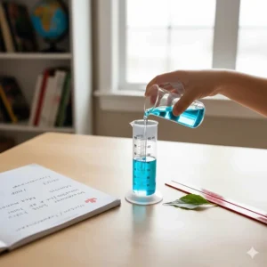 A metric ruler and graduated cylinder used for hands-on Canadian homeschool math and science measurement.