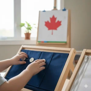 Montessori dressing frames with zippers and buttons to teach Canadian preschoolers practical self-dressing skills.