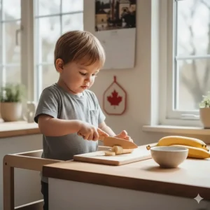 A child using Montessori-style safe kitchen tools to help prepare a snack, promoting independence and life skills.