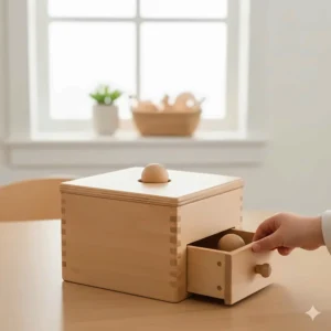 A classic Montessori object permanence box with a wooden ball, ideal for infant developmental milestones.