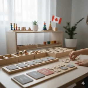 Montessori-inspired phonics learning toys on a minimalist shelf, perfect for Canadian home-schooling environments.