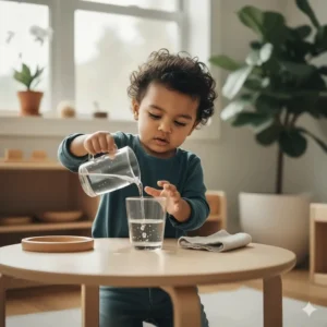 A child concentrated on a Montessori-style pouring activity using a small glass pitcher, demonstrating focus-based learning.