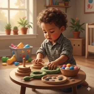 Toddler exploring natural wood and felt sensory materials, illustrating the tactile focus of Montessori toys compared to plastic alternatives.