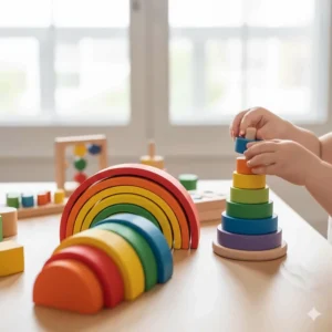 Colorful wooden stacking rings and rainbow arch Montessori toys that help develop fine motor skills in infants.