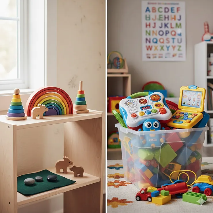 A comparison of Montessori toys vs traditional learning toys featuring a natural wood stacking tower and a colorful plastic electronic activity center in a Canadian home. montessori toys vs traditional learning toys