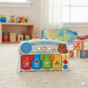 A colorful musical toy for toddlers that plays French-Canadian nursery rhymes to encourage early language immersion.