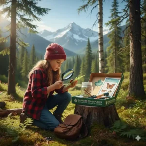 An outdoor nature science kit for Canadian kids to explore local ecosystems, including magnifying glasses and specimen jars.