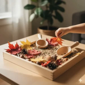 Montessori sensory bin illustration featuring maple leaves, acorns, and wooden scoops for nature-based learning.