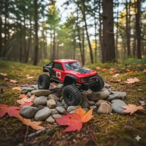 Off-road remote control cars for boys navigating rugged Canadian terrain and forest trails.