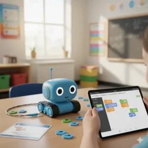 An illustration of a coding robot toy designed for the Ontario Science and Technology curriculum for Grade 1-3 students.