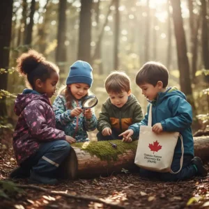 An illustration of magnifying glasses and nature kits for outdoor inquiry-based learning in the Ontario Kindergarten Program.
