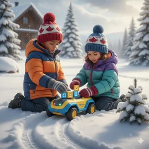 Illustration of children in Canadian winter gear using a rugged coding toy outdoors to navigate a snowy path, emphasizing durable STEM toys.