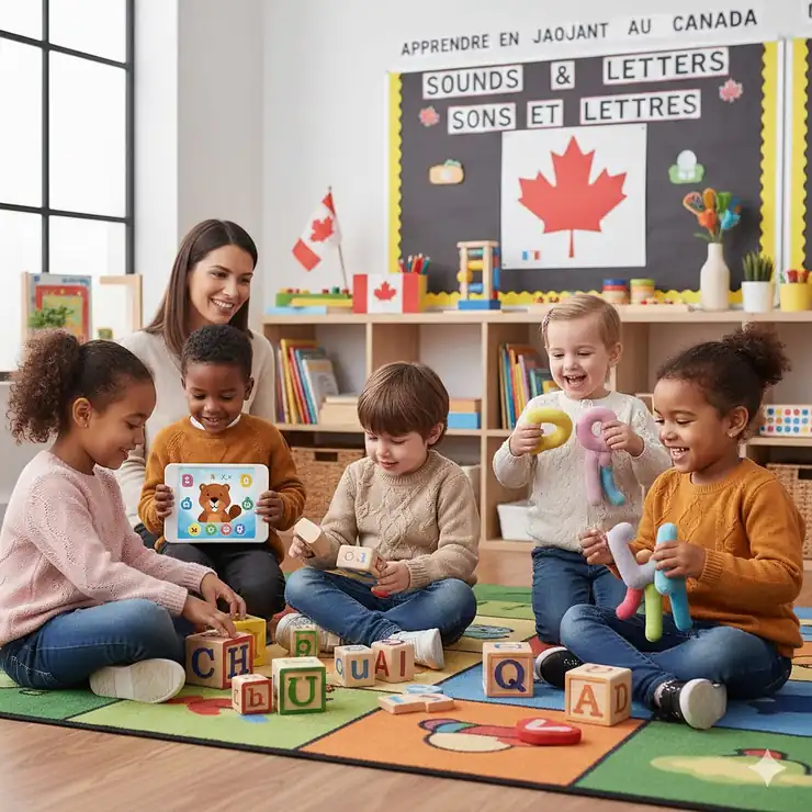 A Canadian classroom setting with diverse children playing with phonics learning toys and alphabet blocks.