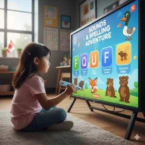 Digital illustration of a child using phonics learning toys to bridge the gap between sounds and reading.