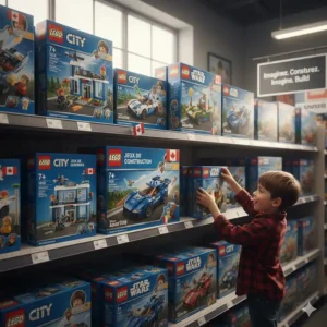 A display of popular LEGO sets for boys with English and French (Jeux de construction) packaging.