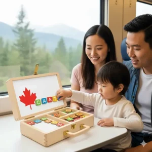 Compact and portable phonics learning toys for Canadian families on the go, featuring a maple leaf logo.