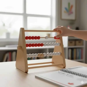 A wooden Rekenrek bead frame, an essential math manipulative for homeschool number sense and subitizing.