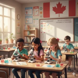 Diverse group of Canadian elementary students collaborating on a biology experiment using specialized kids microscopes.
