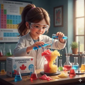 Illustration of a girl wearing safety goggles conducting a colourful chemistry experiment with a Canadian-branded science lab kit.