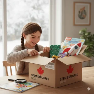 A child in Canada unboxing a monthly science subscription kit, showing the educational materials and excitement of hands-on learning.